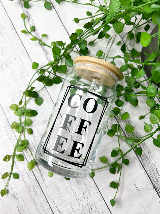 Coffee beer can ice coffee glass cup 470ml 16oz  with bamboo lid and glass straw 16oz Black