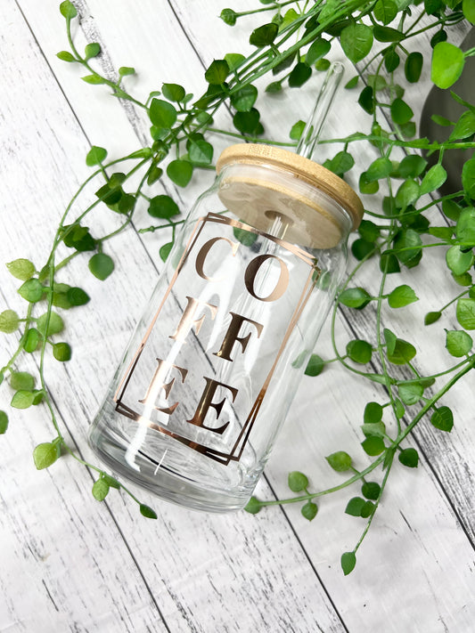 Coffee beer can ice coffee glass cup 470ml 16oz  with bamboo lid and glass straw 16oz rose gold writing