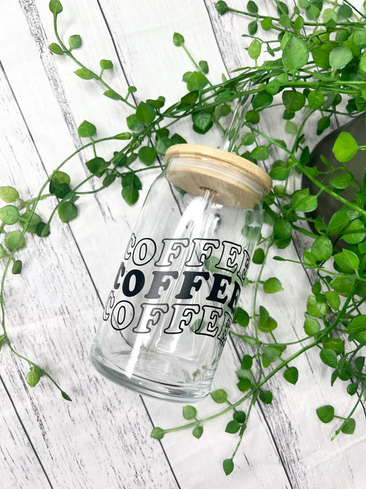 Coffee beer can ice coffee glass cup 470ml 16oz with bamboo lid and glass straw 16oz Black coffee writing