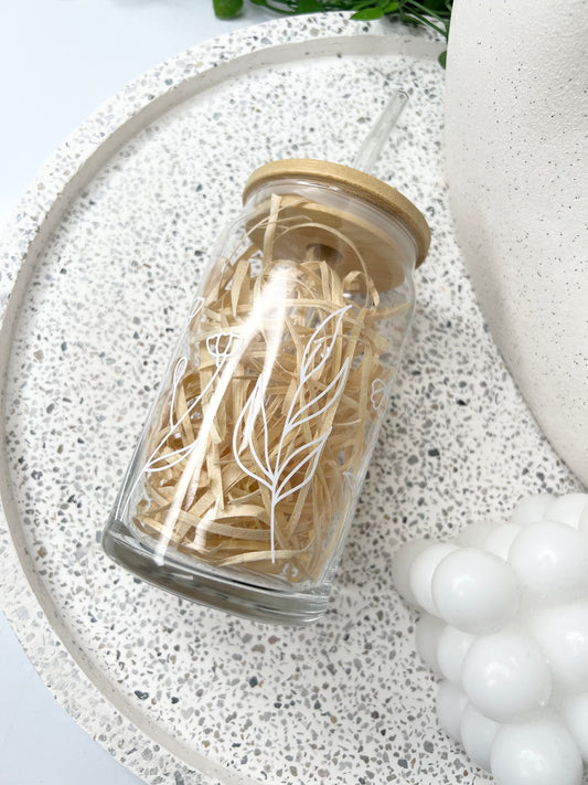 Coffee floral beer can ice coffee glass cup 470ml 16oz bamboo lid and glass straw white floral