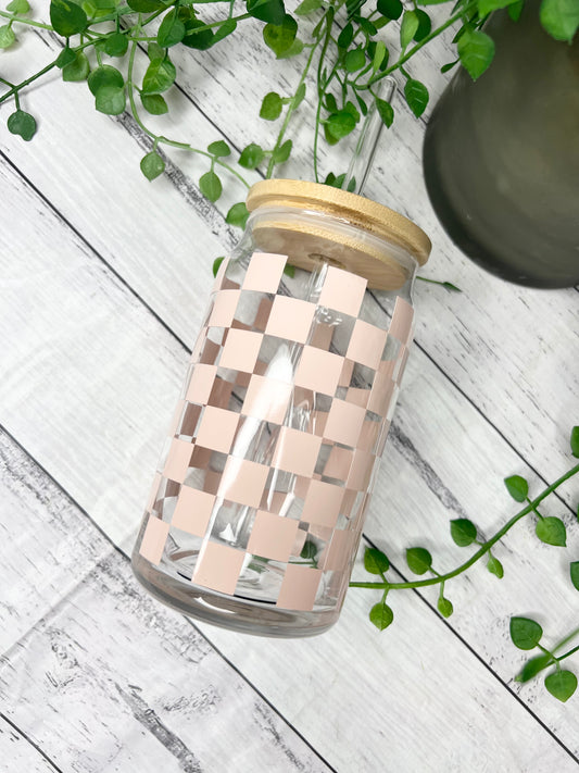 Coffee Pink checked  beer can ice coffee glass cup 470ml 16oz  bamboo lid and glass straw Pink checked
