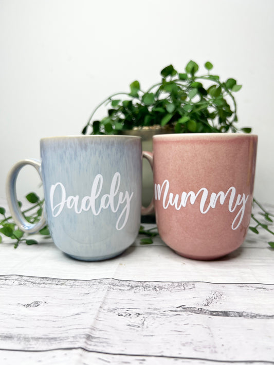 Mummy and Daddy Pink and Blue Mug with White writing Mug gift set 380ml