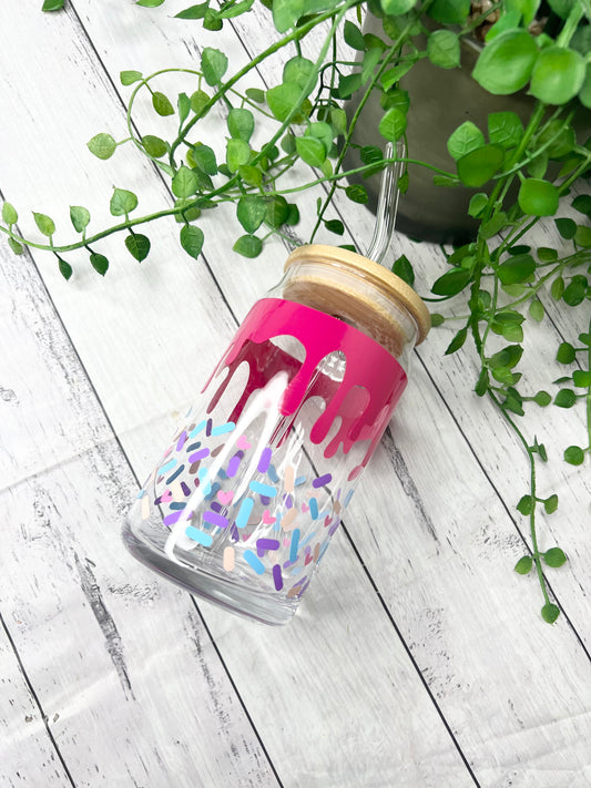 Sprinkles beer can ice coffee glass cup 470ml 16oz with bamboo lid and glass straw