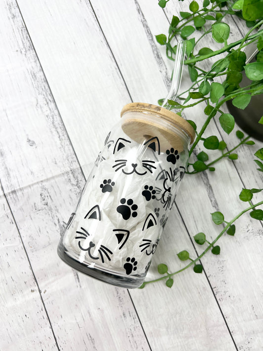 Cat beer can ice coffee glass cup 470ml 16oz bamboo lid and glass straw Black