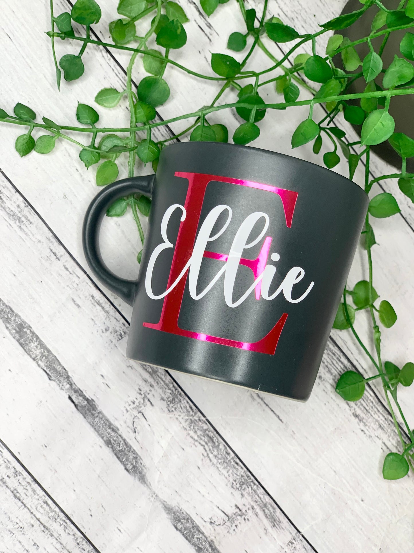 Personalised Dark Grey 300ml Mug with Initial Behind names
