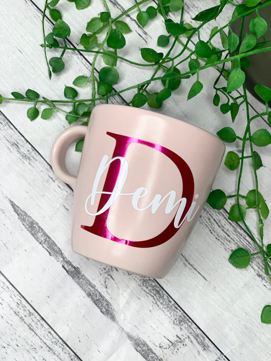 Personalised Pink 370ml Mug with Initial Behind names