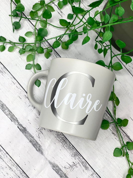 Personalised Light Grey 300ml Mug with Initial Behind names