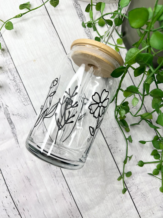 Coffee floral beer can ice coffee glass cup 470ml 16oz bamboo lid and glass strawblack floral