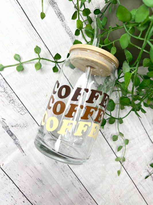 Coffee beer can ice coffee glass cup 470ml 16oz bamboo lid and glass straw brown coffee writing