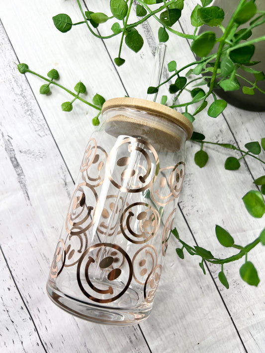 Coffee Smiley beer can ice coffee glass cup 470ml 16oz bamboo lid and glass straw Rose gold matellic