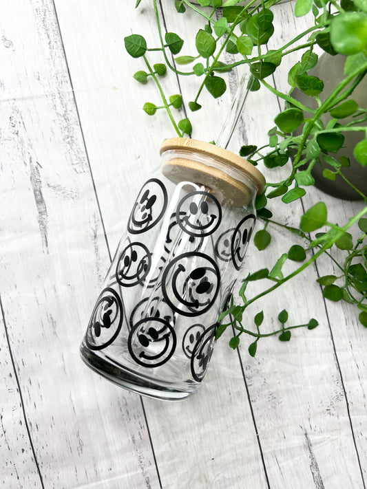 Coffee Smiley beer can ice coffee glass cup 470ml 16oz bamboo lid and glass straw Black