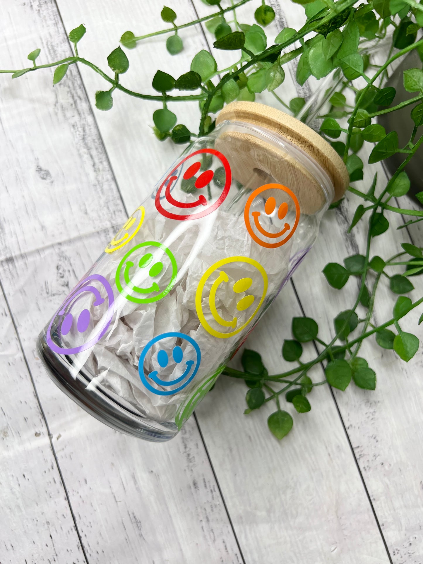 Coffee Smiley beer can ice coffee glass cup 470ml 16oz bamboo lid and glass straw Rainbow