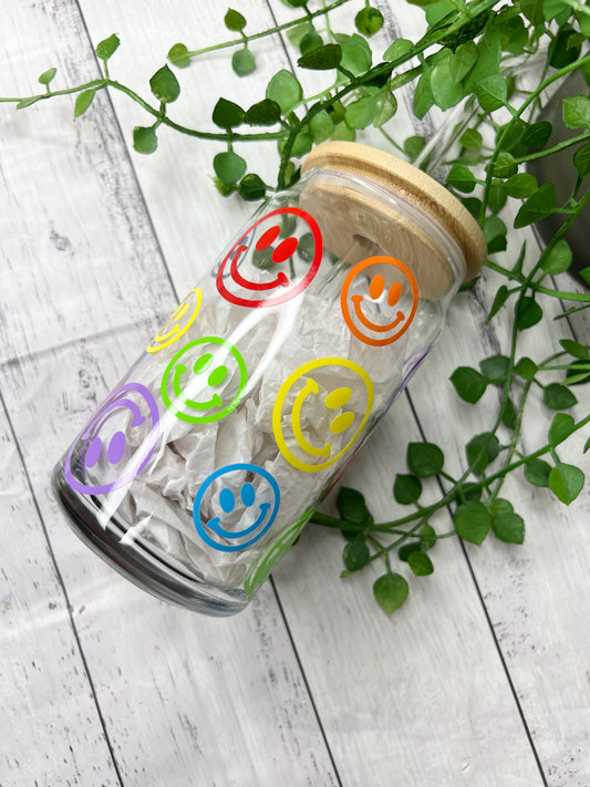 Coffee Smiley beer can ice coffee glass cup 470ml 16oz bamboo lid and glass straw Rainbow
