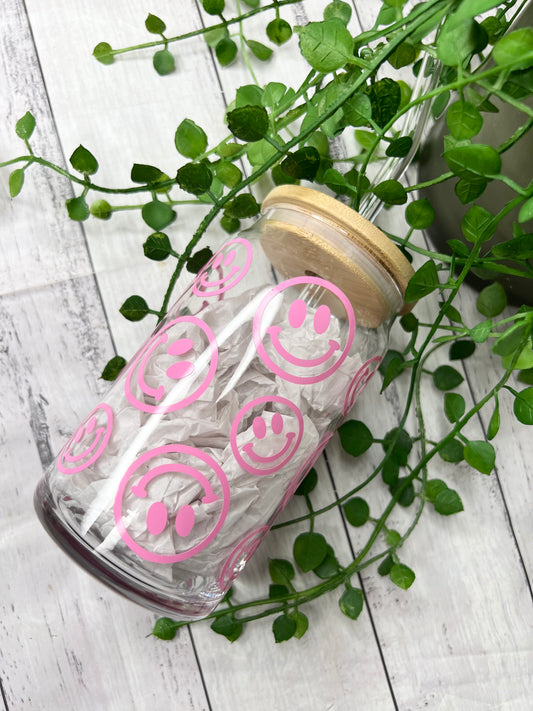 Coffee Smiley beer can ice coffee glass cup 470ml 16oz bamboo lid and glass straw pink
