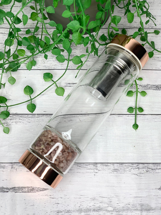 rose gold crystal water bottle with gemstone base and removable tea infuser Strawberry Quartz crystals Blank