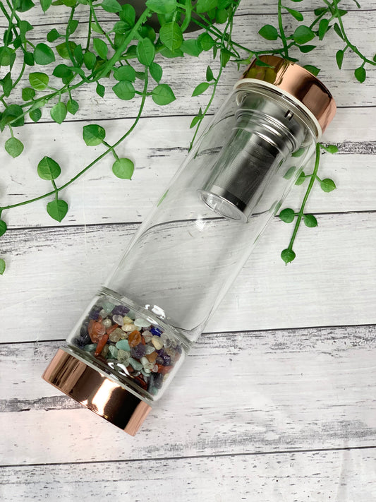rose gold crystal water bottle with gemstone base and removable tea infuser Chakra Stone crystals Blank