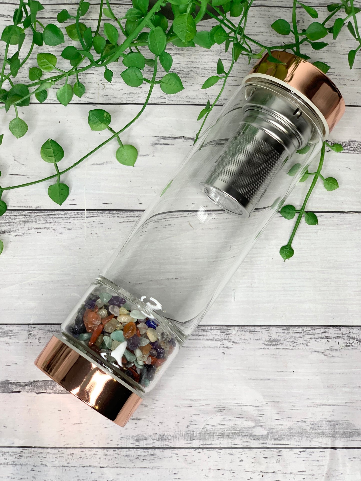 rose gold crystal water bottle with gemstone base and removable tea infuser Chakra Stone crystals Blank