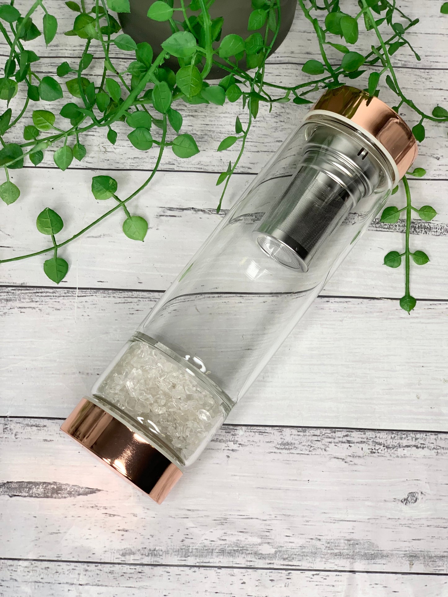 rose gold crystal water bottle with gemstone base and removable tea infuser Clear Quartz crystals Blank