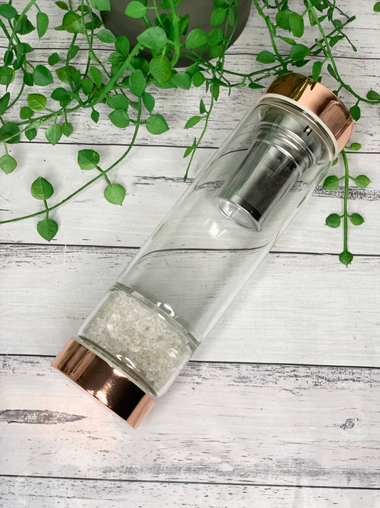 rose gold crystal water bottle with gemstone base and removable tea infuser Clear Quartz crystals Blank