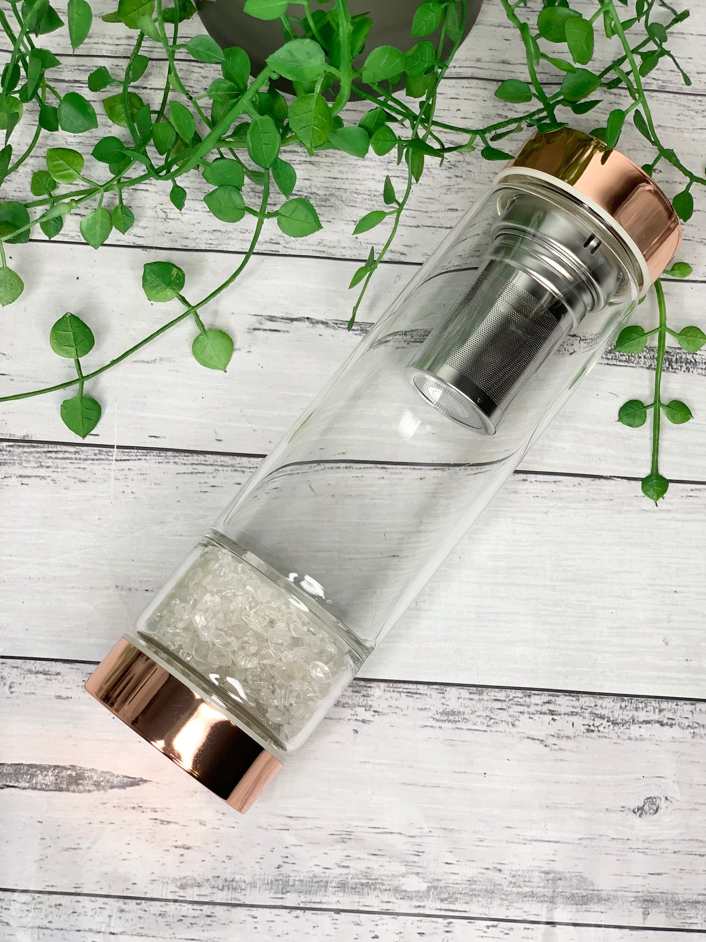 rose gold crystal water bottle with gemstone base and removable tea infuser Clear Quartz crystals Blank