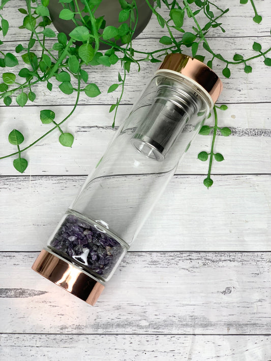 rose gold crystal water bottle with gemstone base and removable tea infuser Amethyst crystals Blank