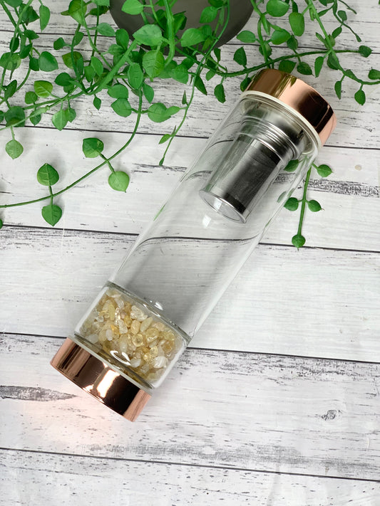 rose gold crystal water bottle with gemstone base and removable tea infuser Citrine Crystals Blank