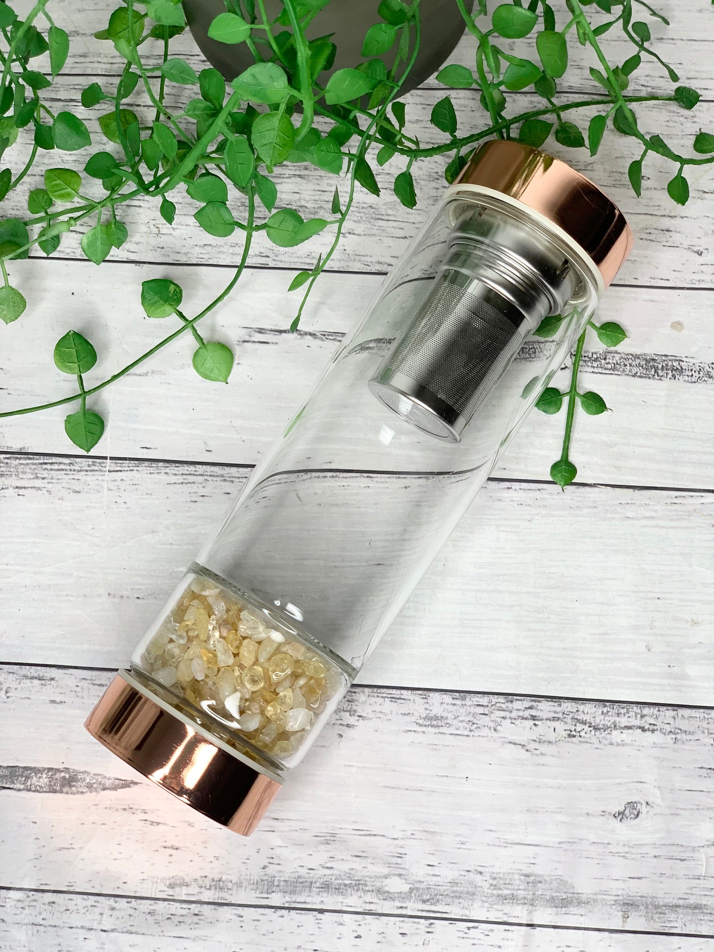 rose gold crystal water bottle with gemstone base and removable tea infuser Citrine Crystals Blank