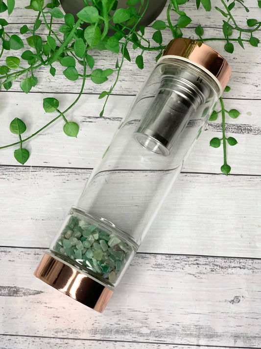 rose gold crystal water bottle with gemstone base and removable tea infuser Green Aventurine Crystals Blank