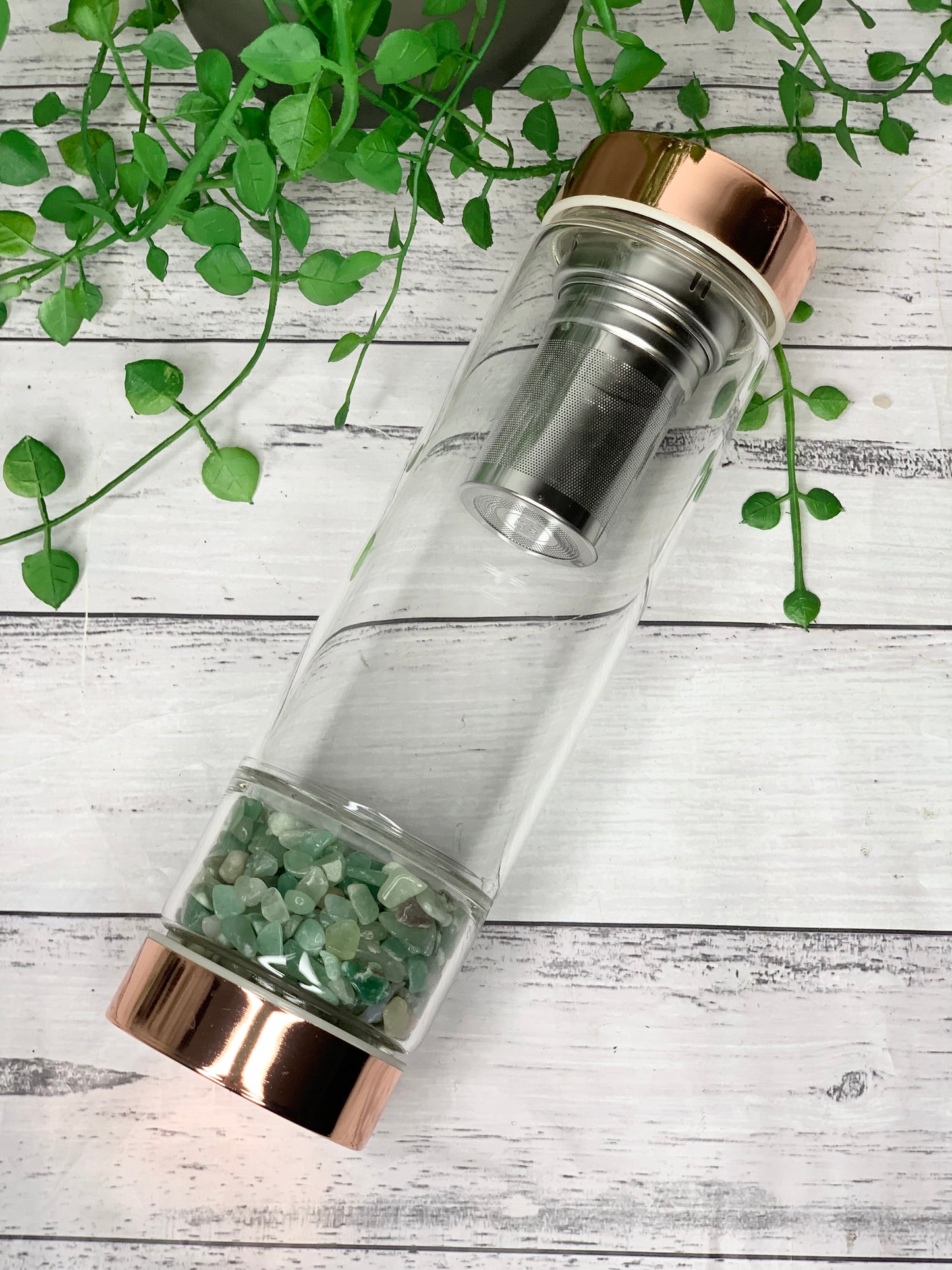 rose gold crystal water bottle with gemstone base and removable tea infuser Green Aventurine Crystals Blank