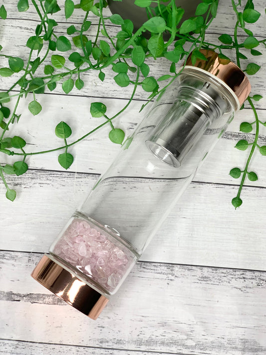 Rose gold crystal water bottle with gemstone base and removable tea infuser Rose Quartz Crystals Blank