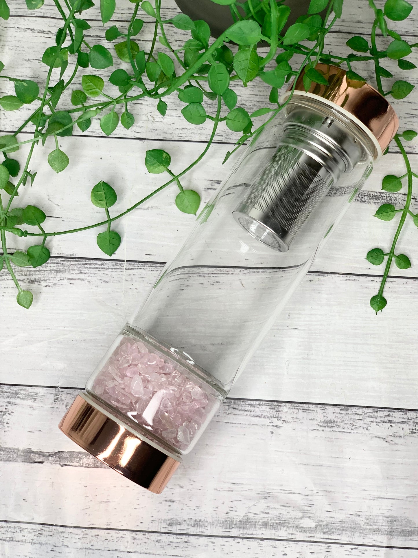 Rose gold crystal water bottle with gemstone base and removable tea infuser Rose Quartz Crystals Blank