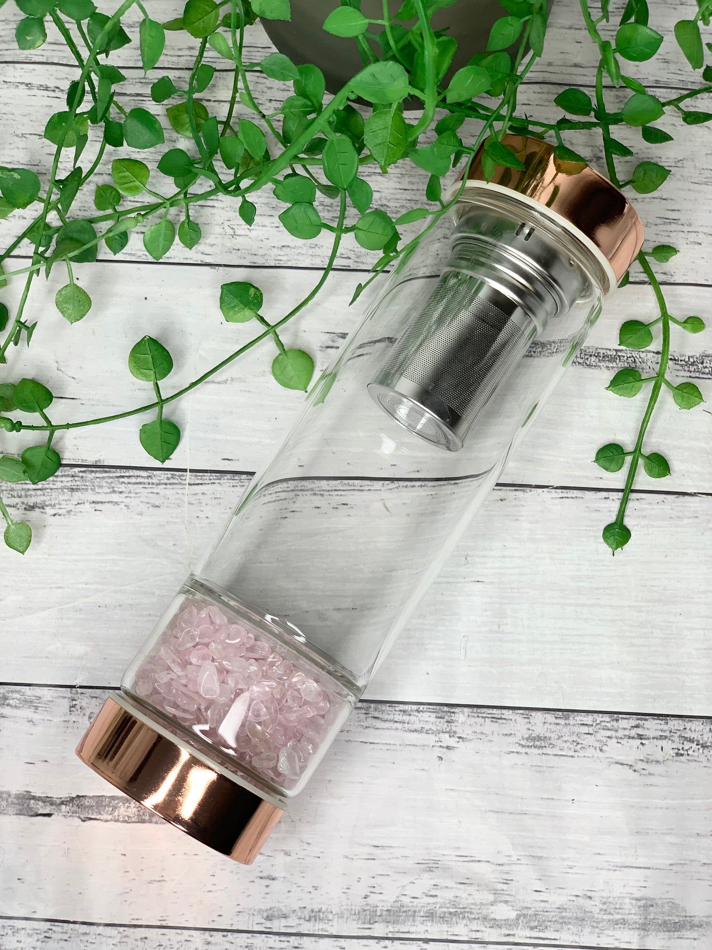 Rose gold crystal water bottle with gemstone base and removable tea infuser Rose Quartz Crystals Blank