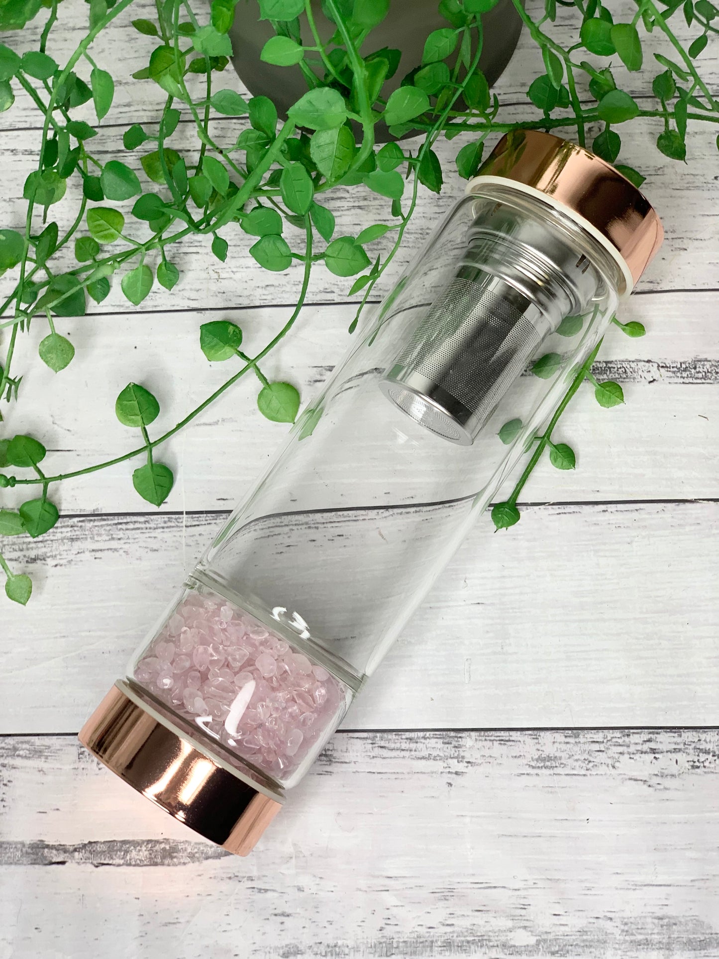 Rose gold crystal water bottle with gemstone base and removable tea infuser Rose Quartz Crystals Blank