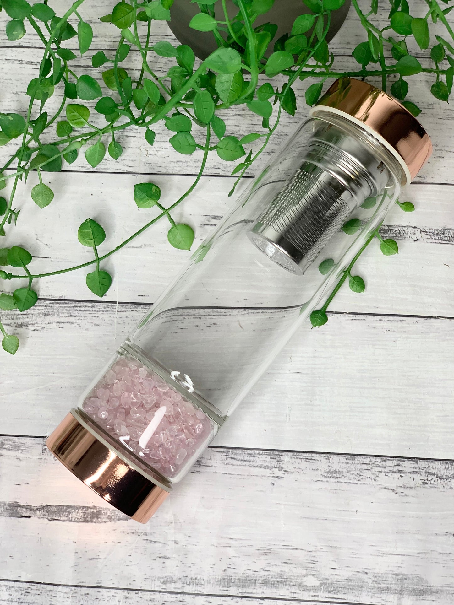 Rose gold crystal water bottle with gemstone base and removable tea infuser Rose Quartz Crystals Blank