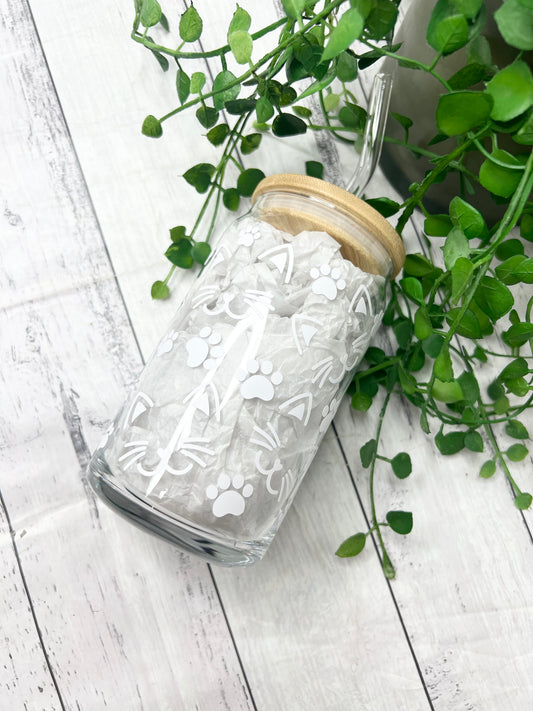 Cat beer can ice coffee glass cup 470ml 16oz bamboo lid and glass straw white