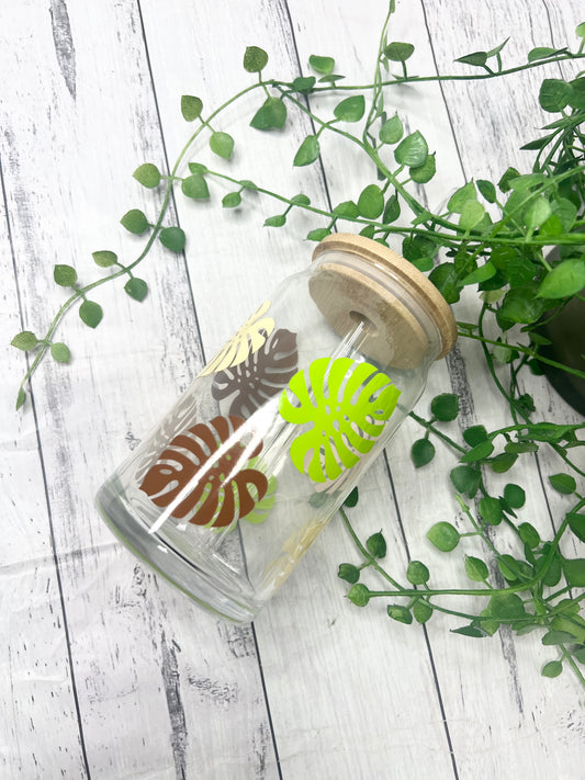 Coffee floral monstera beer can ice coffee glass cup 470ml 16oz bamboo lid and glass straw leaves
