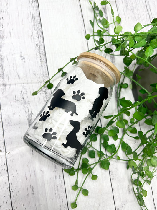 Dog daschund beer can ice coffee glass cup 470ml 16oz bamboo lid and glass straw in black