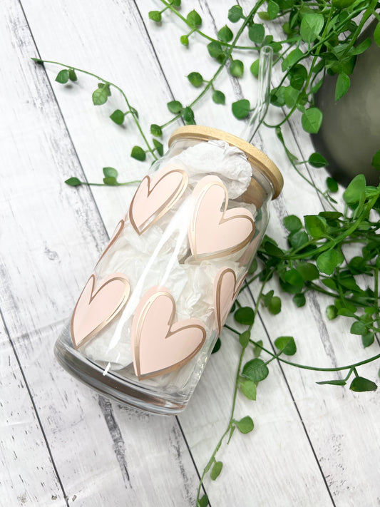 Heart beer can ice coffee glass cup 470ml 16oz bamboo lid and glass straw pink and rose gold matte