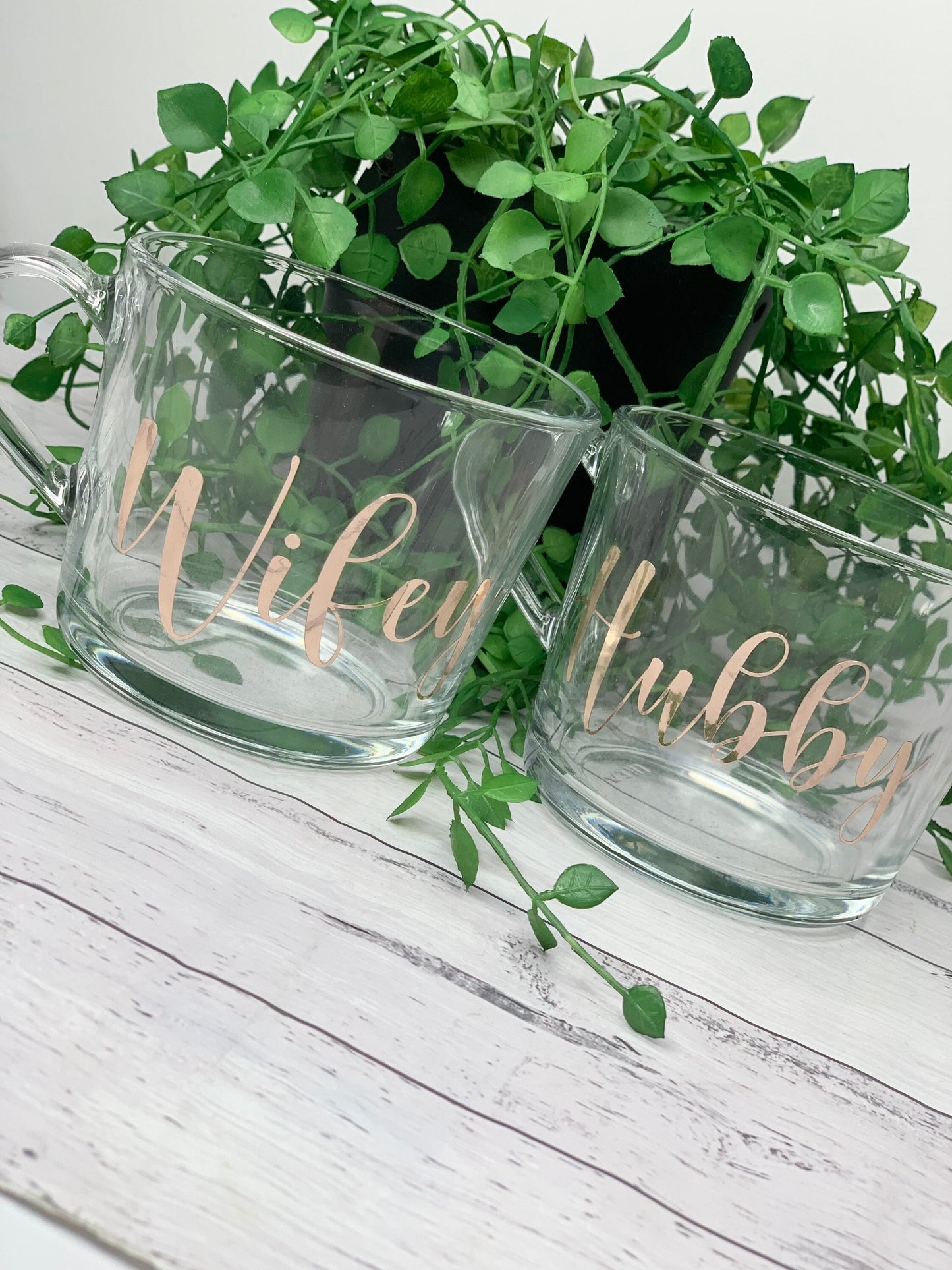 Hubby and wifey rose gold clear mugs