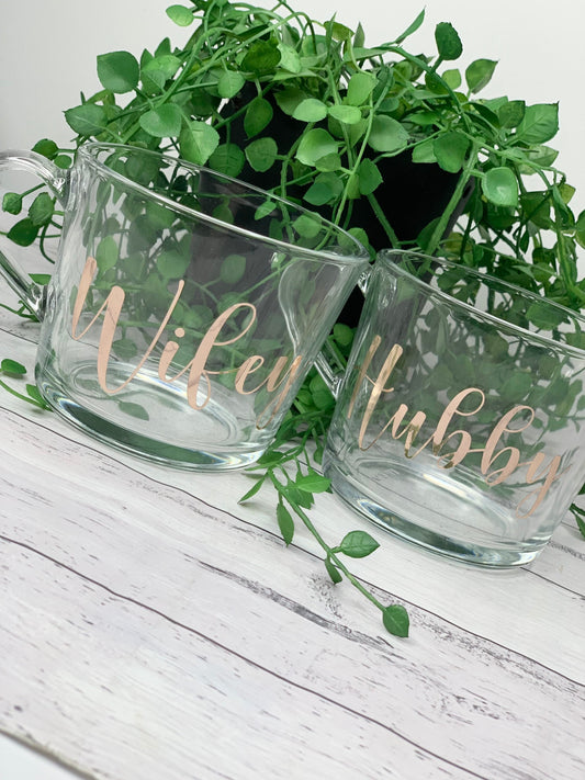 Hubby and wifey rose gold clear mugs