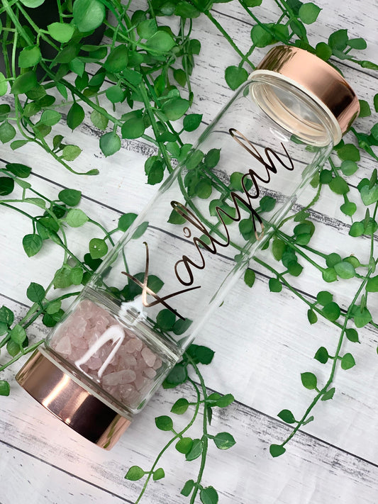 personalised name rose gold crystal water bottle with gemstone base and removable tea infuser rose quartz