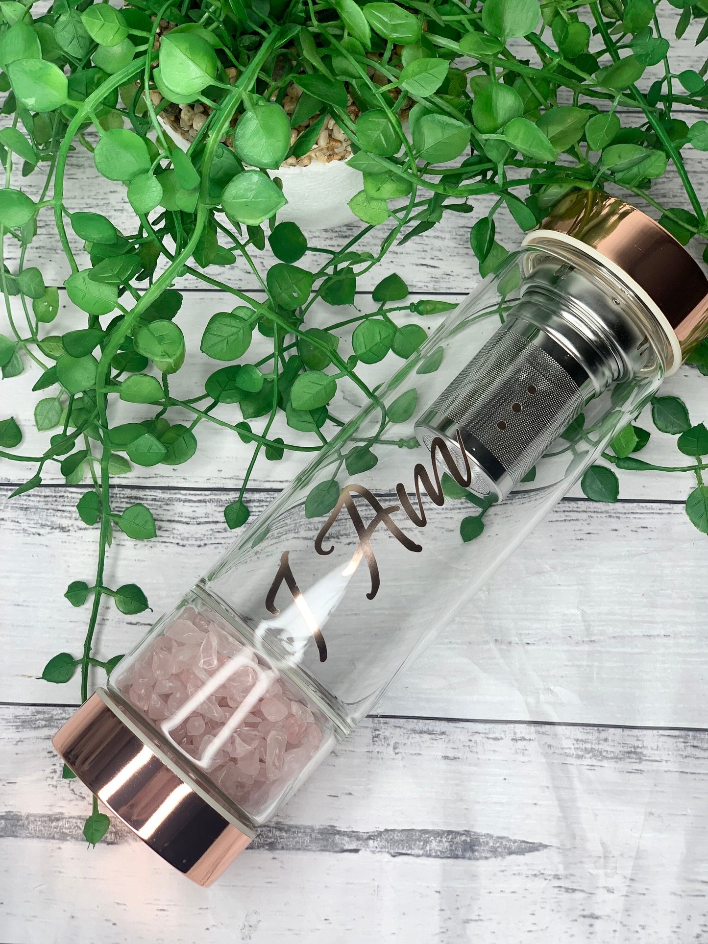 personalised name rose gold crystal water bottle with gemstone base and removable tea infuser rose quartz