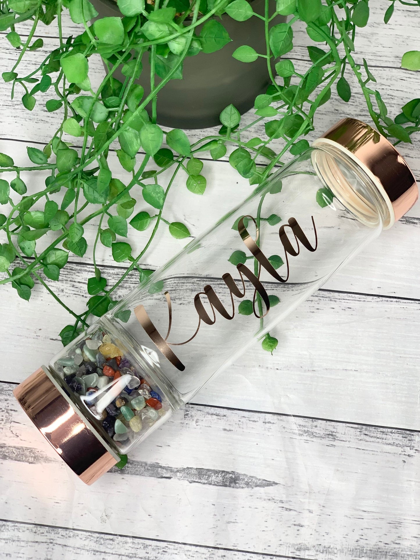 personalised name rose gold crystal water bottle with gemstone base and removable tea infuser chakra stone