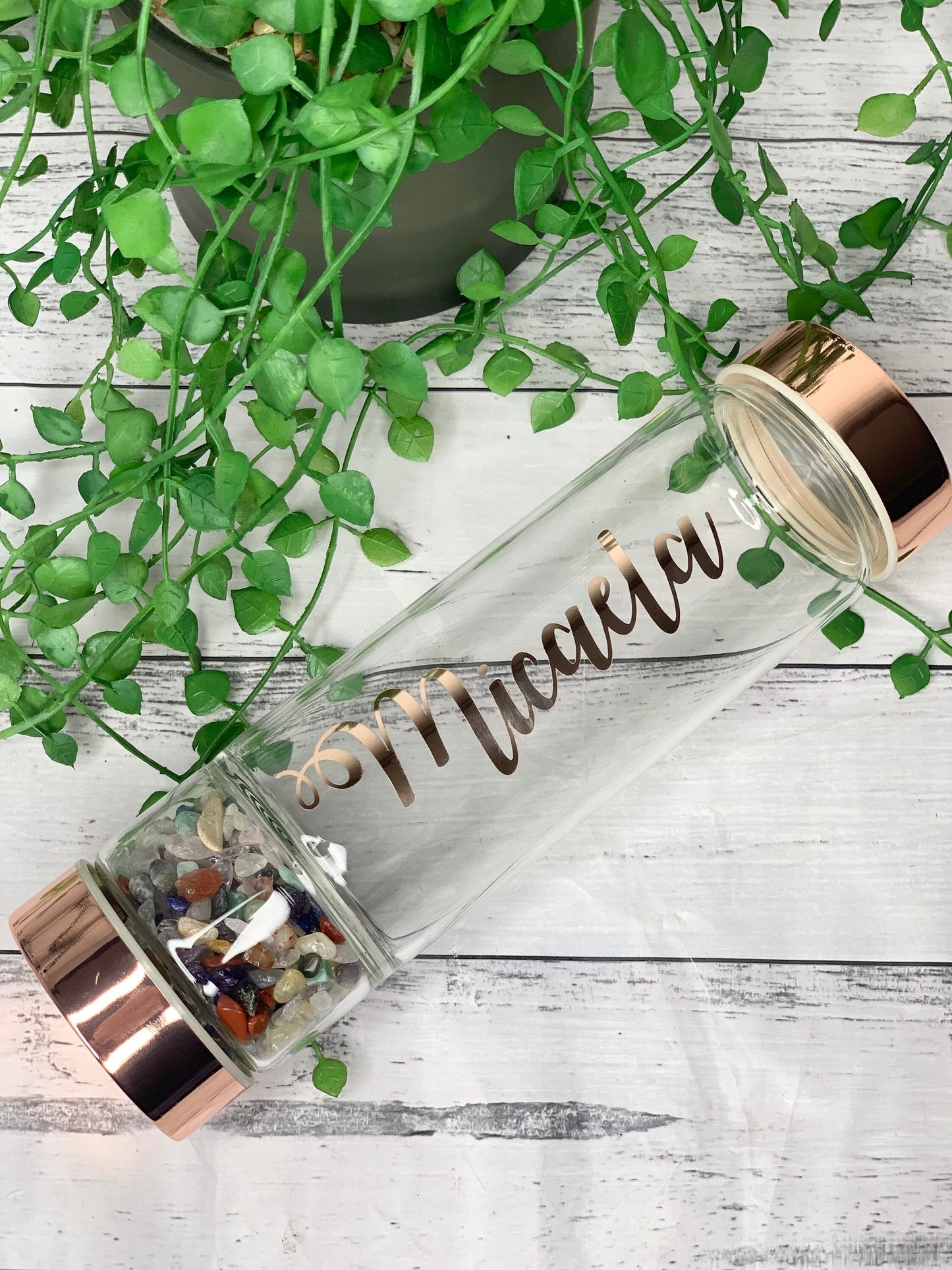 personalised name rose gold crystal water bottle with gemstone base and removable tea infuser chakra stone