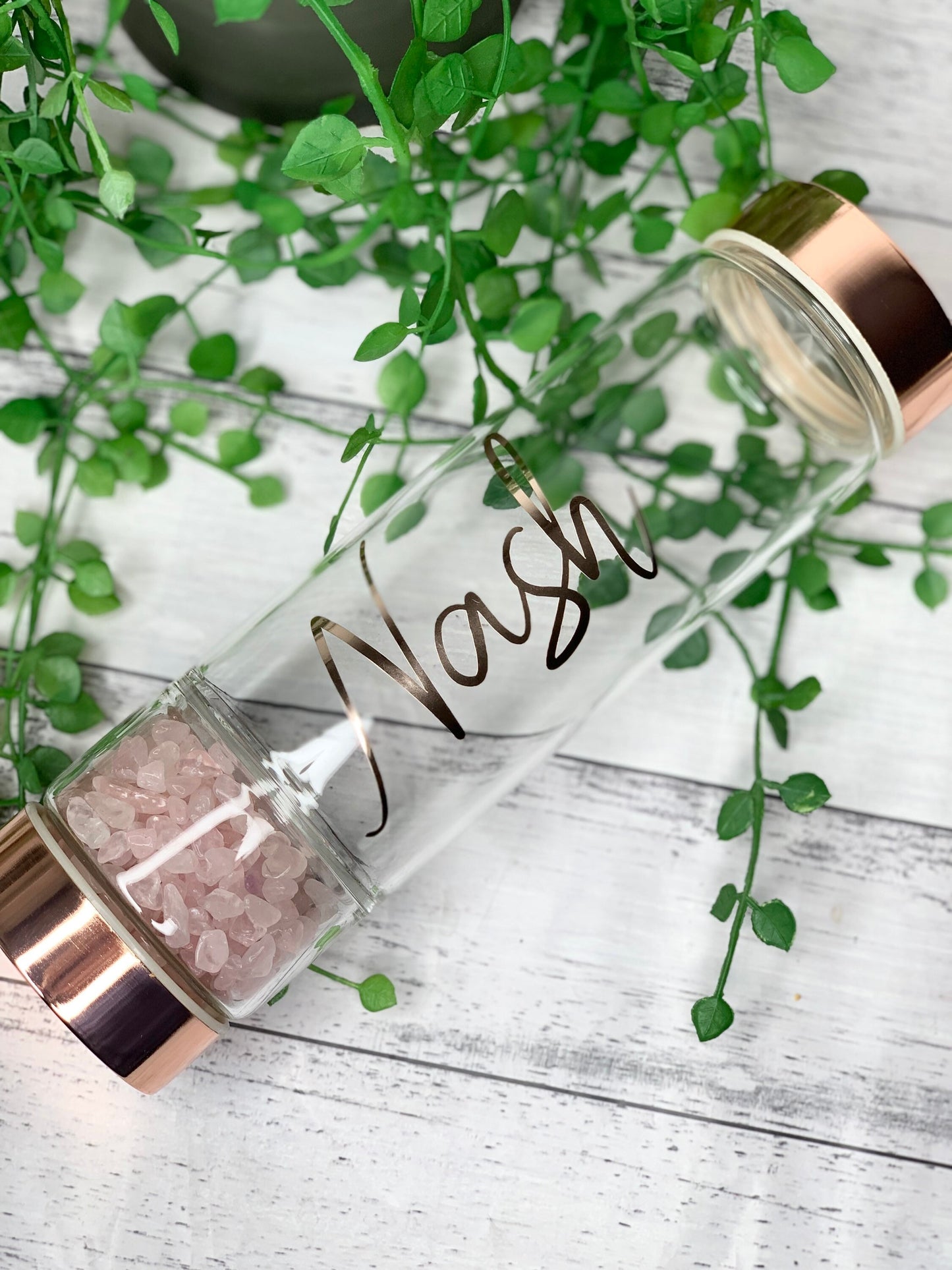 personalised name rose gold crystal water bottle with gemstone base and removable tea infuser rose quartz
