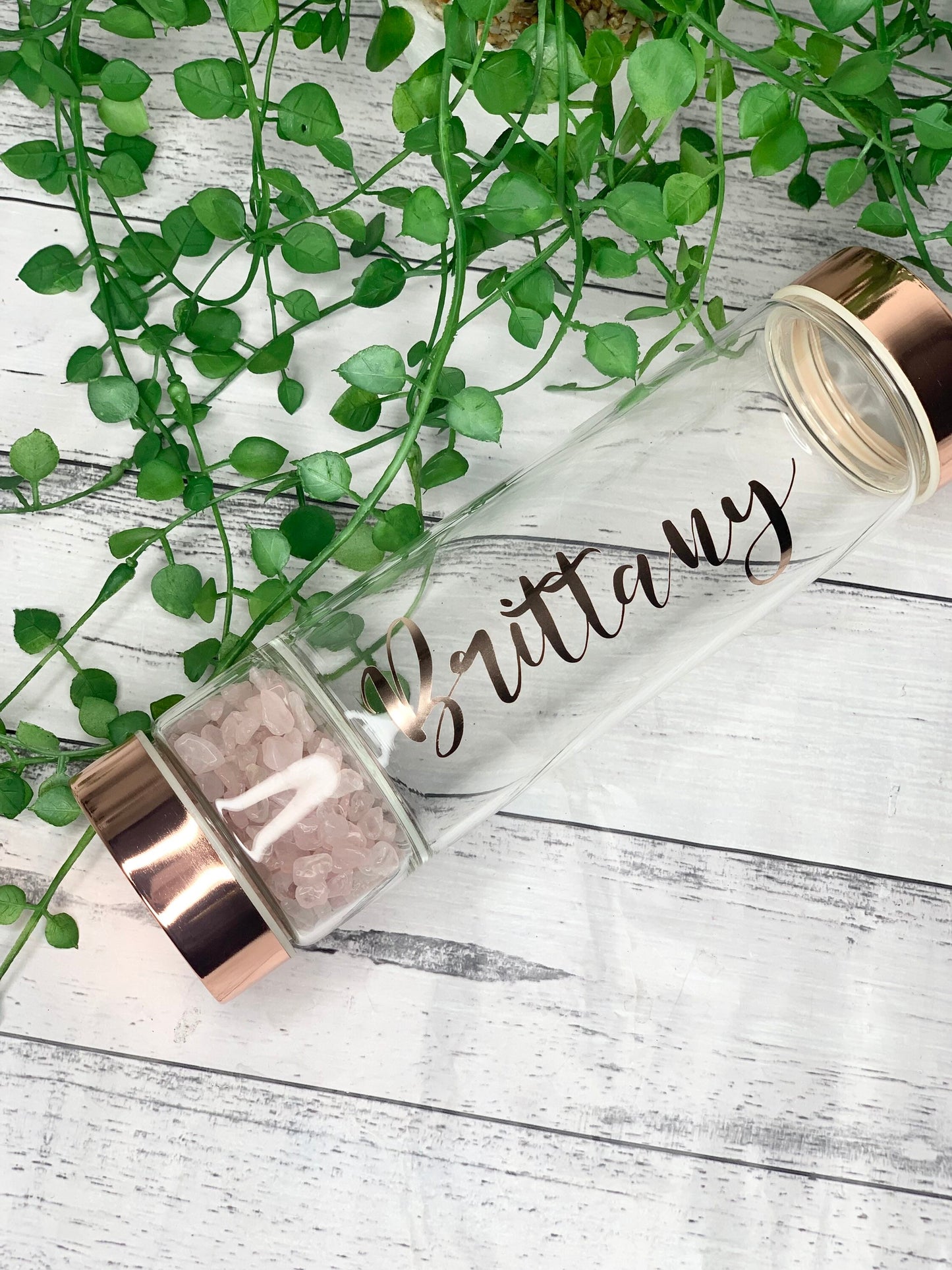 personalised name rose gold crystal water bottle with gemstone base and removable tea infuser rose quartz