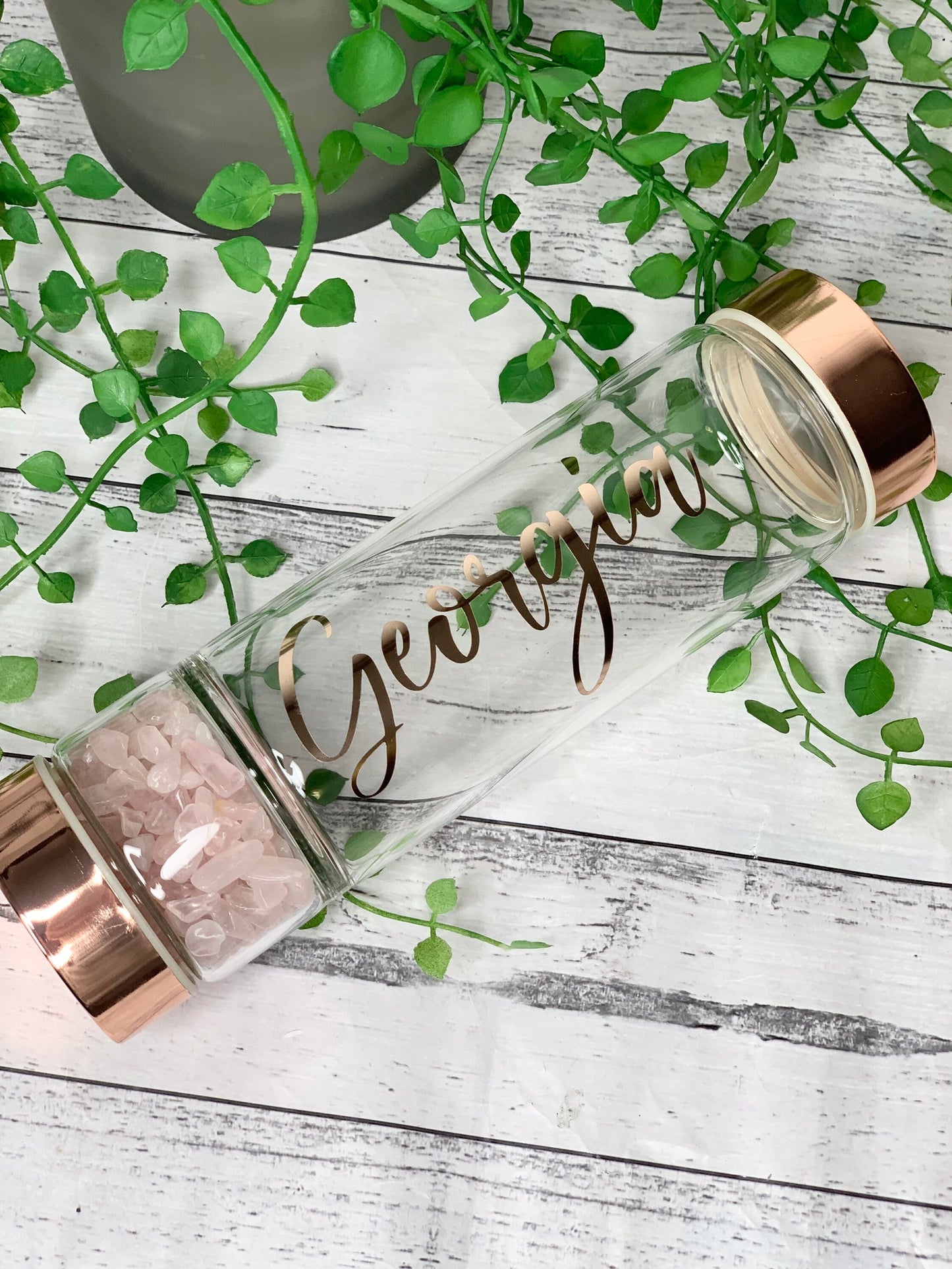 personalised name rose gold crystal water bottle with gemstone base and removable tea infuser rose quartz
