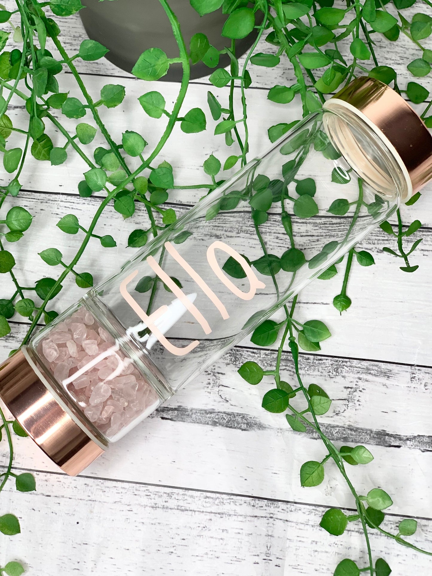 personalised name rose gold crystal water bottle with gemstone base and removable tea infuser rose quartz