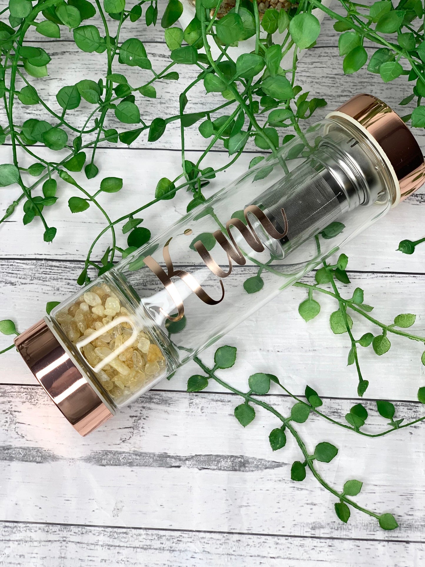 personalised name rose gold crystal water bottle with gemstone base and removable tea infuser citrine crystals