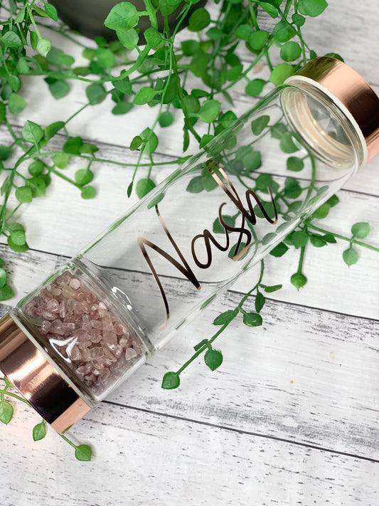 personalised name rose gold crystal water bottle with gemstone base and removable tea infuser Strawberry quartz